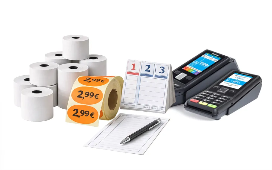 Rouleaux de caisse, étiquettes prix et terminal de paiement