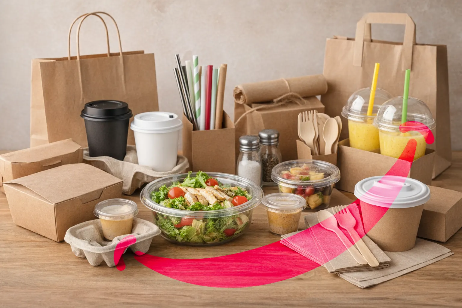 Sacs kraft, gobelets, bols salade et barquettes pour la vente à emporter posés sur un plan de travail en bois
