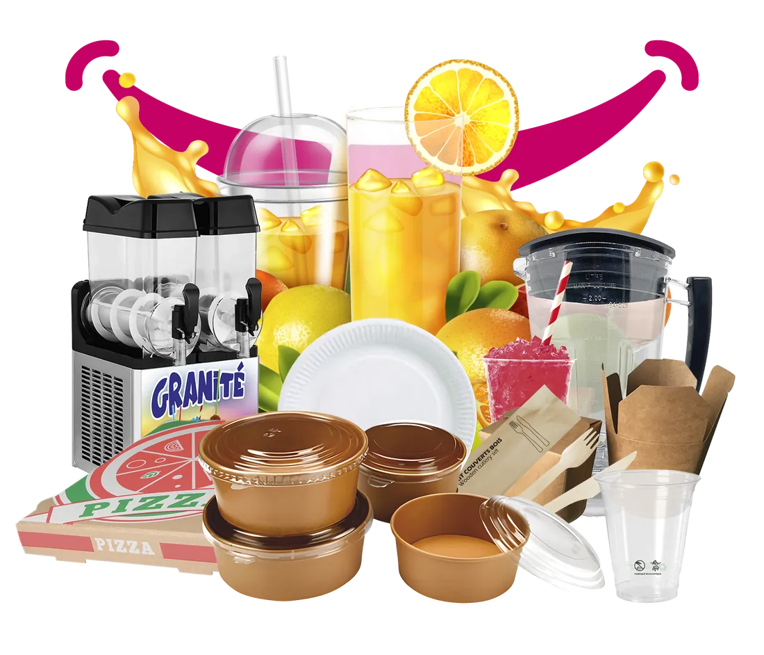 Gobelets, bols kraft, boîte à pizza, machine à granité et emballages pour la vente à emporter